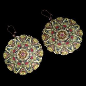 Big Flower Mandala Earrings Bohemian Round Wood Green Gold Red Hippie Festival